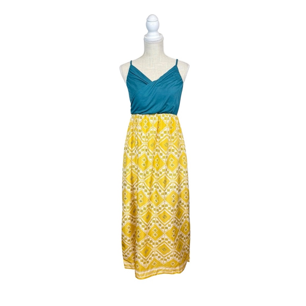 Anthropologie X Edme & Esyllte Cuernavaca Tile Maxi Dress Sz 6 Yellow Green Silk
